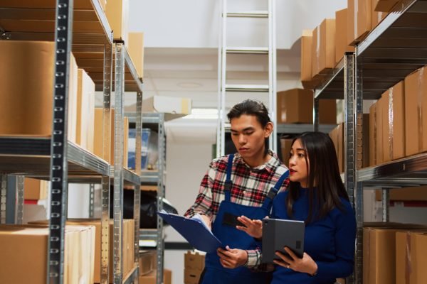 Asian employees checking warehouse supplies on tablet and files, working with storage room logistics. Young team of people using gadget and papers for business plan and production.